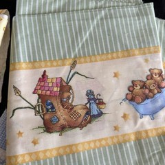 Lot Of 3 Pieces Of Fabric Yellow Blue Green Nursery Cotton Jersey VTG Sewing