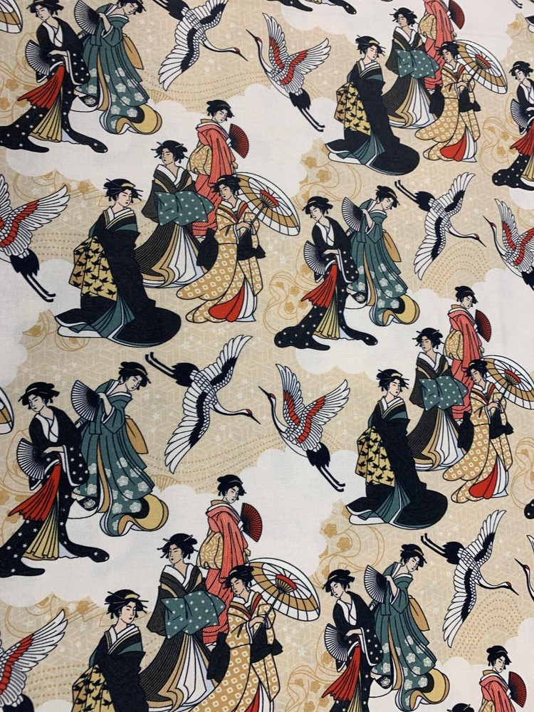 Kimonos & Koi – Japanese Geisha Crane – Paintbrush Studio Cotton Fabric