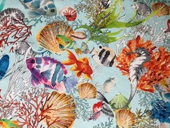 Aqua Sea World Coral Fabric Curtain Cotton Material Marine Seahorse Shell -140cm