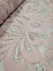 Floral 3D Lace Pink Embroidered Beaded Flowers Mesh Fabric Sold By The Yard Prom