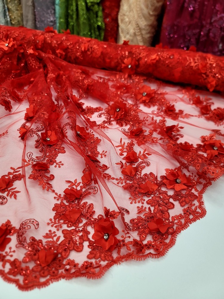 3d Red Floral Lace Fabric Sold By The Yard Embroidered Rhinestones 3d Lace Prom