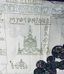 VTG Novelty Travel Themed Famous World Landmarks and Coins 26½” x 28”