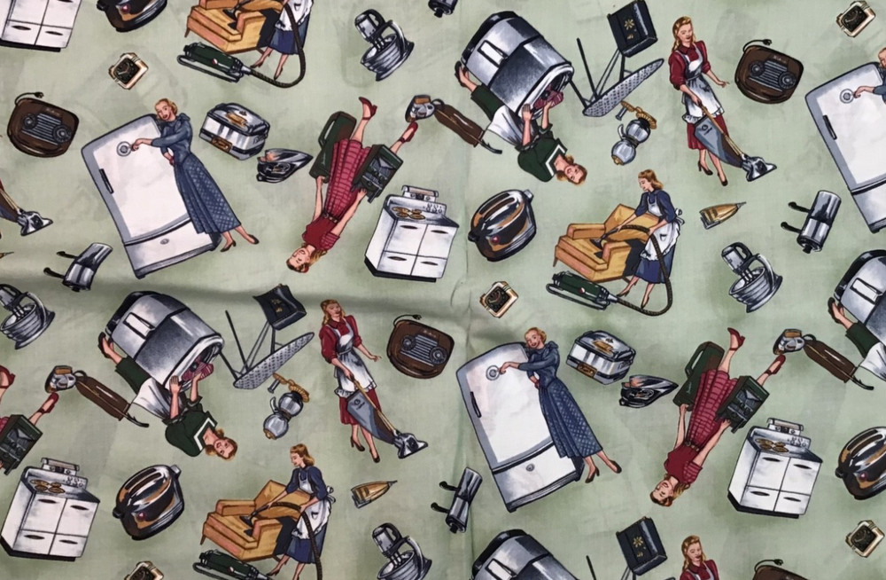 Fabric RARE Michael Miller HOUSEWORK Retro 50s Appliances & Housewives Work BTY