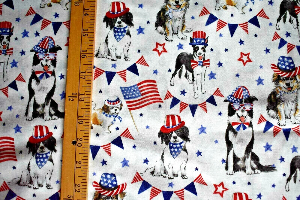 PATRIOTIC PUPS IN COSTUMES PRINT ON WHITE 100% COTTON FABRIC 39X43 INCHES