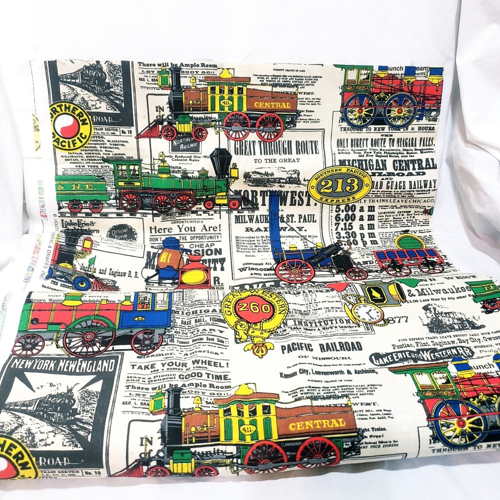 Vintage Train Engine Transportation Travel Fabric By the Yard 43″ House n Home