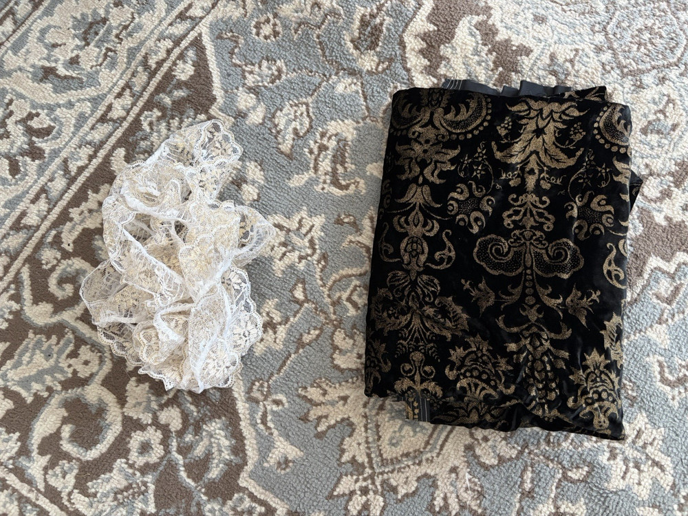 Black and Gold Fabric Remnant and Lace Trim Lot