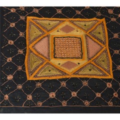 Sanskriti Vintage Pallu Fabric Pure Silk Hand Beaded Black Decor Craft 44X46