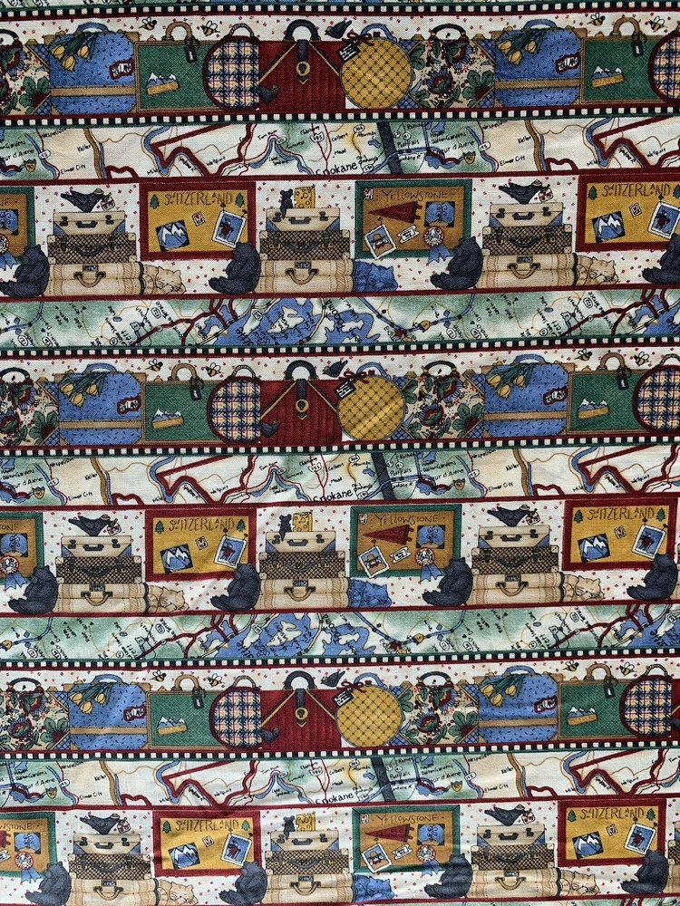 Vintage Travel Themed Fabric By Debbie Mumm For SSI Luggage Maps Blue Cream BTY