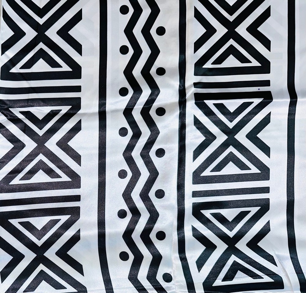 African Print, Satin Fabric- Black, White “Nima”, Yard or Wholesale