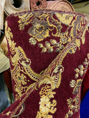 BURGUNDY GOLD Damask Chenille Upholstery Brocade Fabric (54 in.) Sold BTY