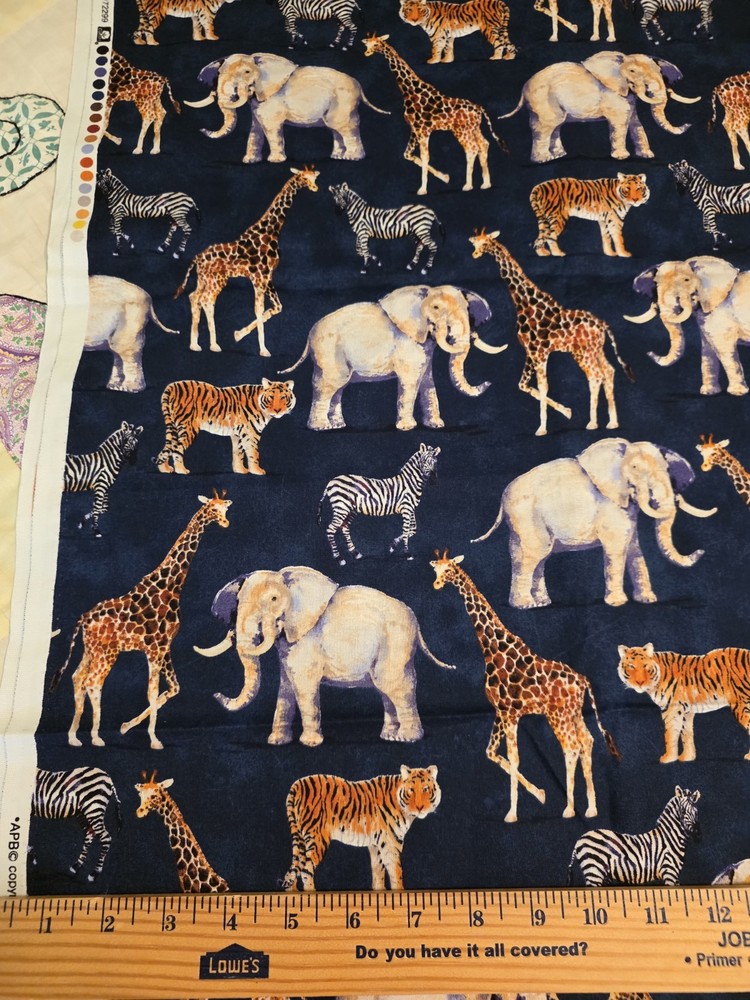 Cotton Fabric, Elephant, Tiger, Zebra, Giraffe, 2 Yds, 45″
