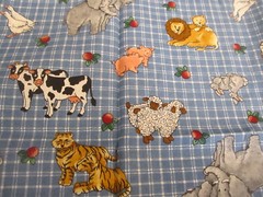 Cotton Fabric Farm Animals On Blue and White Gingham Checked Print 17″ x 44″