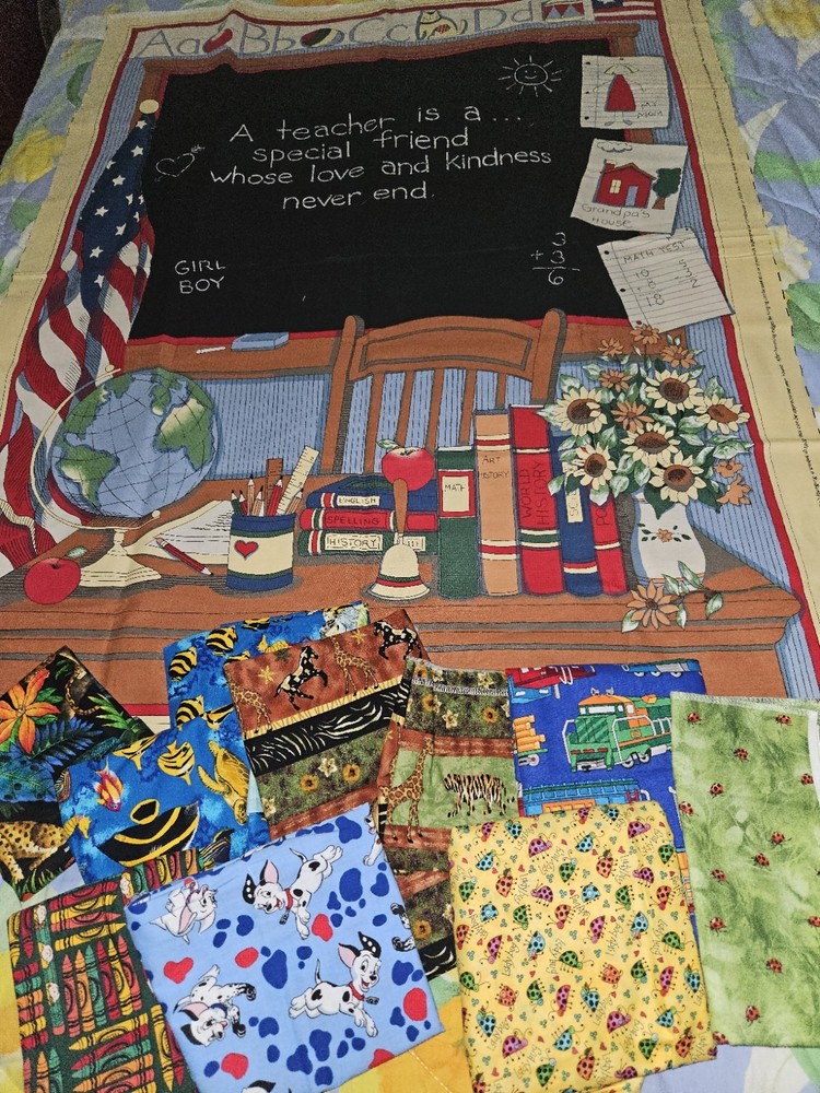 Lot Of 10 Pieces Of Kids Themed Cotton Quilting Fabrics Some Vintage Mixed Sizes
