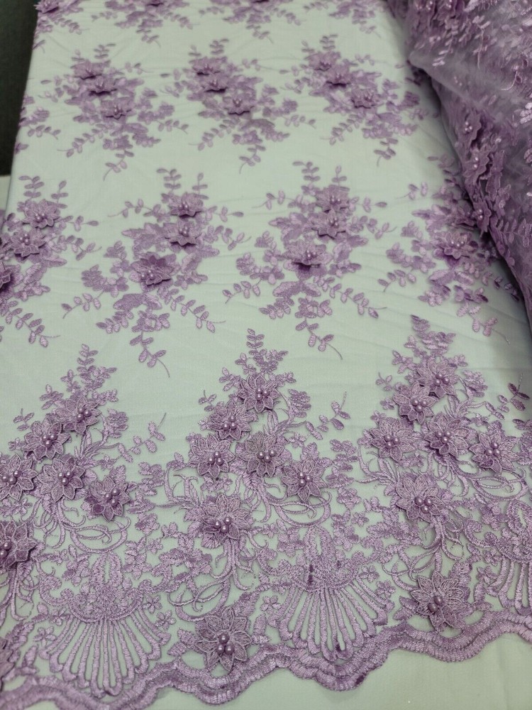 Lavender 3D Floral Embroidered Lace Fabric – Perfect for Quinceañera Dresses