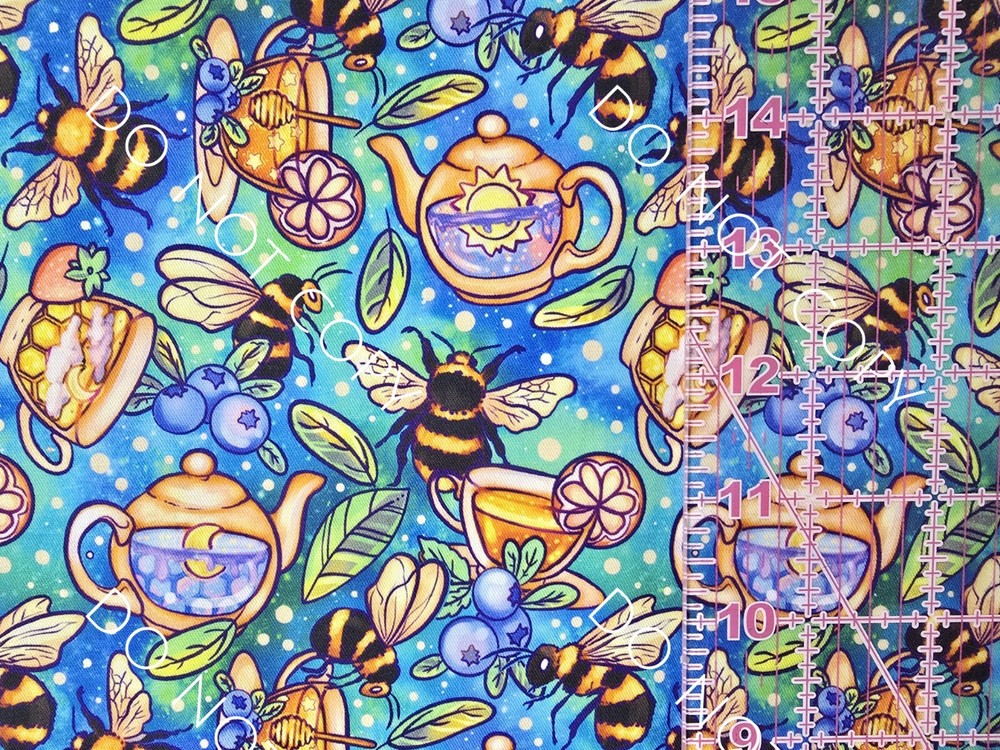 100% Cotton Woven Novelty Fabric Honey Bees And Teas By The 1/4 Yard 9×56