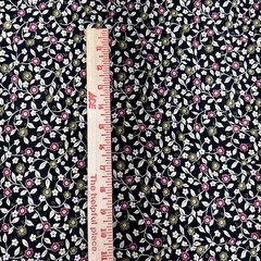 Pink White Green Floral Vines Black Rayon Fabric BTHY #61
