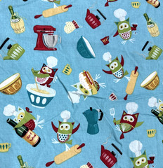 Retro Owls Chef Hats Cooking Kitchen Theme Blue Cotton Fabric BTHY #61