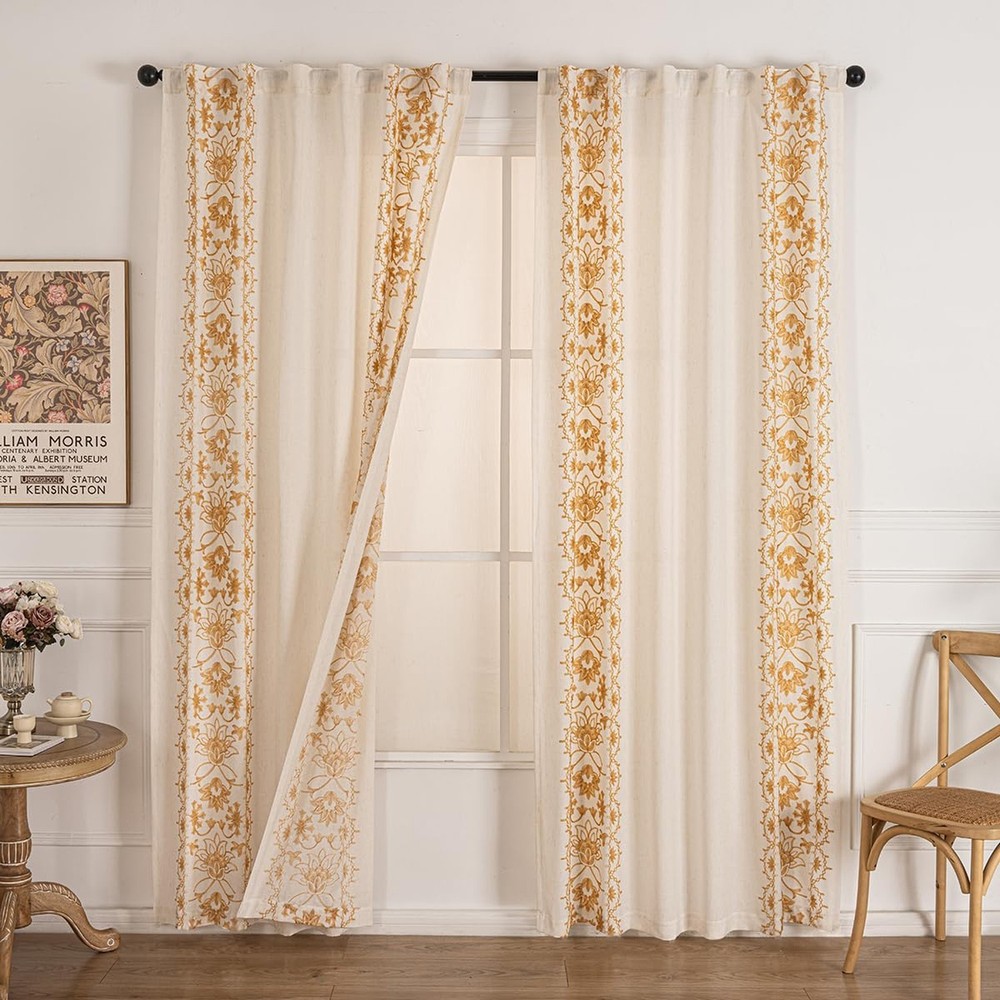 Bohemian Curtains Linen Gauze Embroidered Curtains Bohemian Floral Beige Farm…