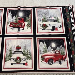 Christmas Red & White Truck Fabric 3 Panels For Quilting Read