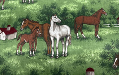 Cranston Horses Foal Barns Stables Ranch Green Quilting Cotton Fabric BTHY #59
