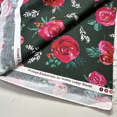 Hobby Lobby Floral Cotton Fabric Yardage Black Pink Red Roses Green 1 yd