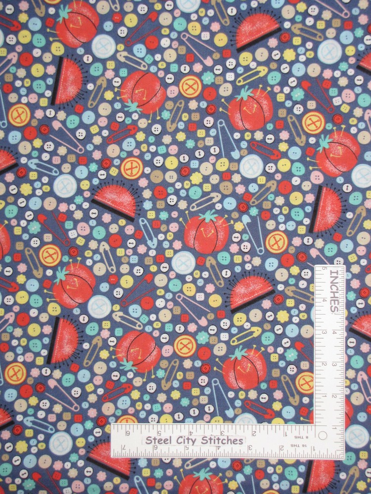 Sewing Theme Pin Cushion Button Toss Blue Cotton Fabric Editions By The Yard