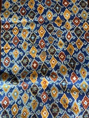 17″ x 35″ W Cotton Fabric Vntg 1940s-60s Bright Blues & Golds Medallions