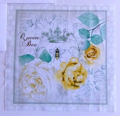 Cotton Fabric Pic B Queen Bee and Flowers Square is 10 1/4″ L x 10″ W Cream Bkg
