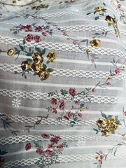 VTG Red Orange & Tan Florals on White DIMITY Embroidered Raised Threads BTFQ