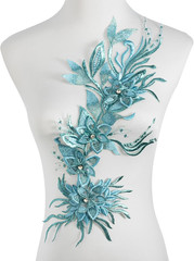Phoenix Peacock Feather Tail Fabric Beaded Lace Applique,3D Embroidered Flower F