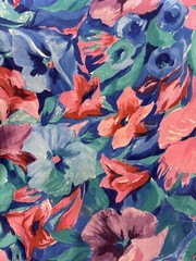 Vintage 90’s Cotton Fabric Big Floral Roses on Grid BLUE 58″X80″ Cottage