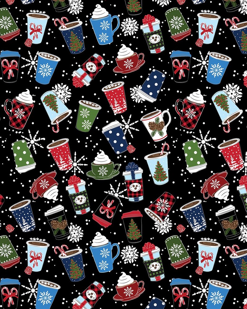 Country Christmas Fabric | Holiday Drink Cocoa Toss Black | Kanvas Studio YARD