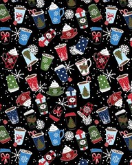 Country Christmas Fabric | Holiday Drink Cocoa Toss Black | Kanvas Studio YARD