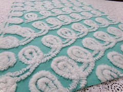Soothing White Curly Loops Jade Vtg Chenille Bedspread Fabric 15″ x 19″ Piece