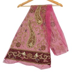 Sanskriti Saskriti Vintage Design Net Mesh Fabric Hand Beaded Pink Patch Work De