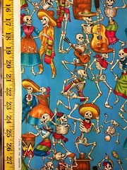 Fiesta De Los Muertos Black & Turquoise Blue Alexander Henry Fabric