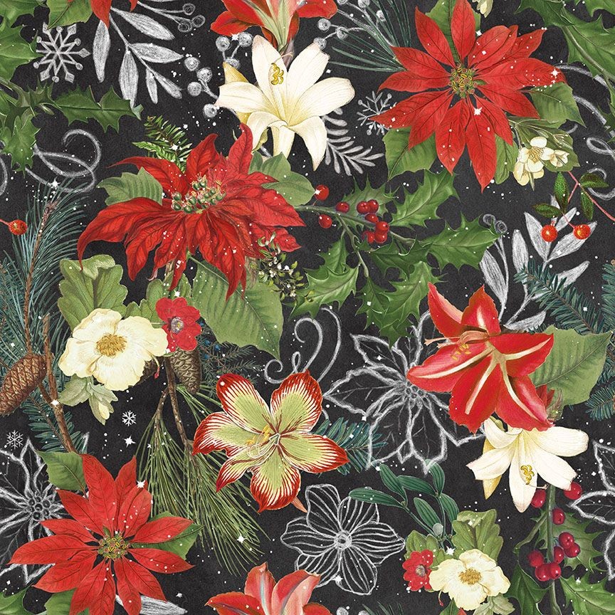 Christmas Fabric | Be Merry Shine Bright Poinsettia Holly Black | Blank YARD