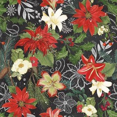 Christmas Fabric | Be Merry Shine Bright Poinsettia Holly Black | Blank YARD