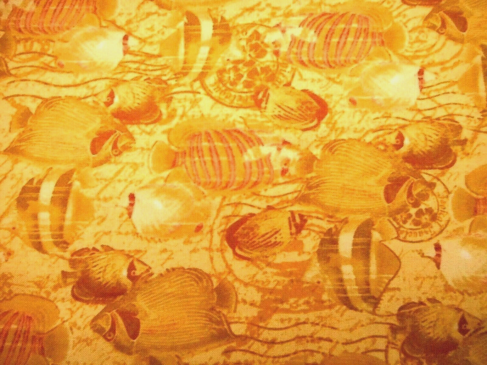Tropical Fabric 1 1/4 Yard SALE Fish Under The Sea Gold Premium Cotton #PC