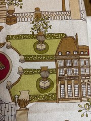 Fabric Lot 2 Yds 34 In 54 W Architectural Theme Tan Green Red Uphol Heavy Weight