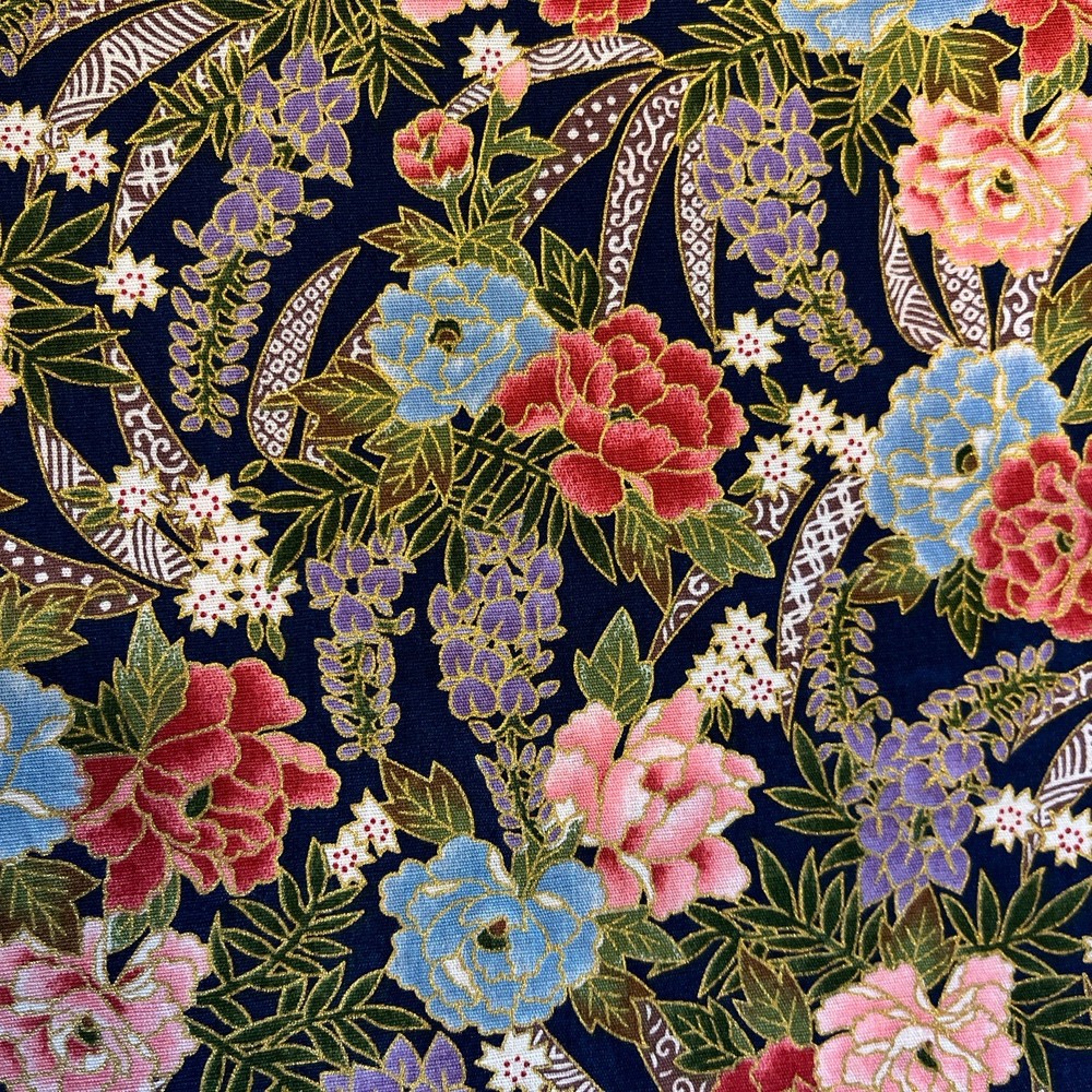 Multicolor Pink Red Blue Floral Rose Peony On Navy Blue Kona Bay 2.9 Yards