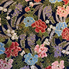 Multicolor Pink Red Blue Floral Rose Peony On Navy Blue Kona Bay 2.9 Yards