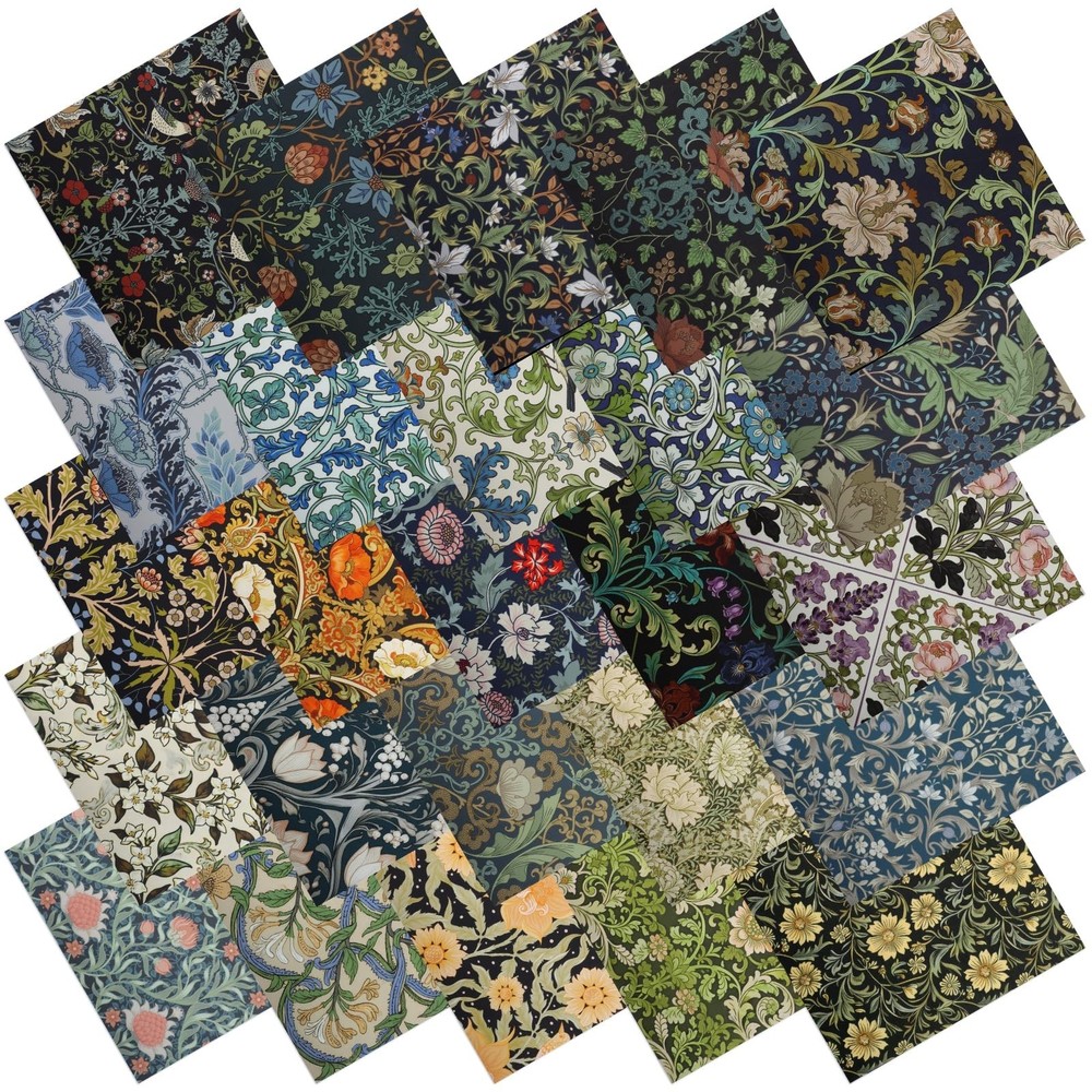 25 Pcs William Morris Flower Quilting Fabric Squares 10×10 Cotton Precut Kit