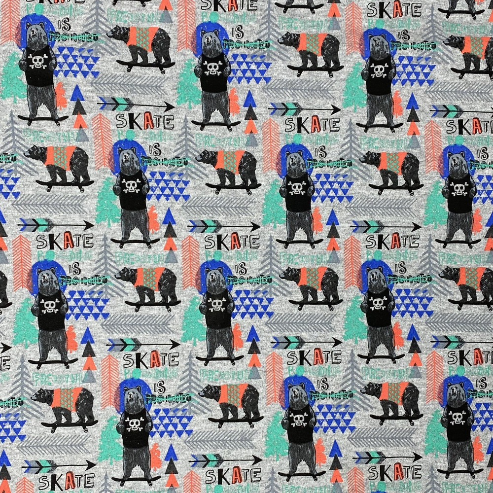 Joann’s Doodles Knit Fabric Skateboarding Skate Bear Gray 57″x36″ Disc RARE