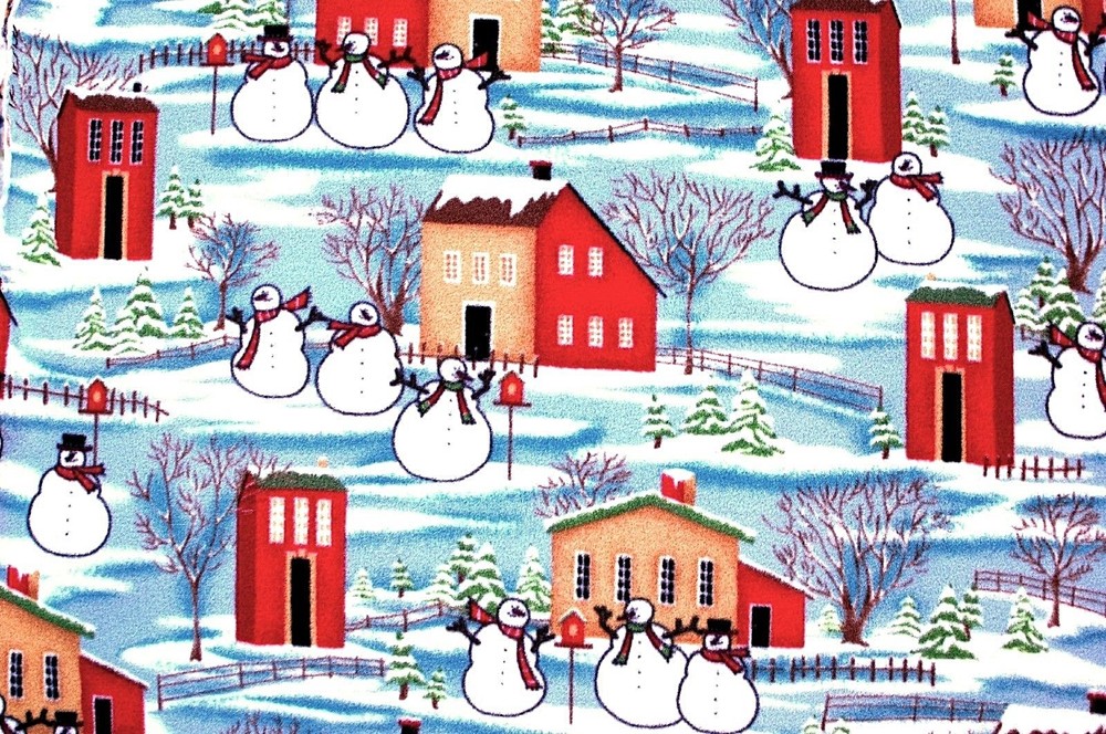 CHRISTMAS SNOWMEN WITH HOUSES & TREES FLEECE FABRIC 1 YD 60X36″