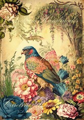 Vintage Bird Floral A Design Reproduction Cotton Fabric Quilt Block Multi-size