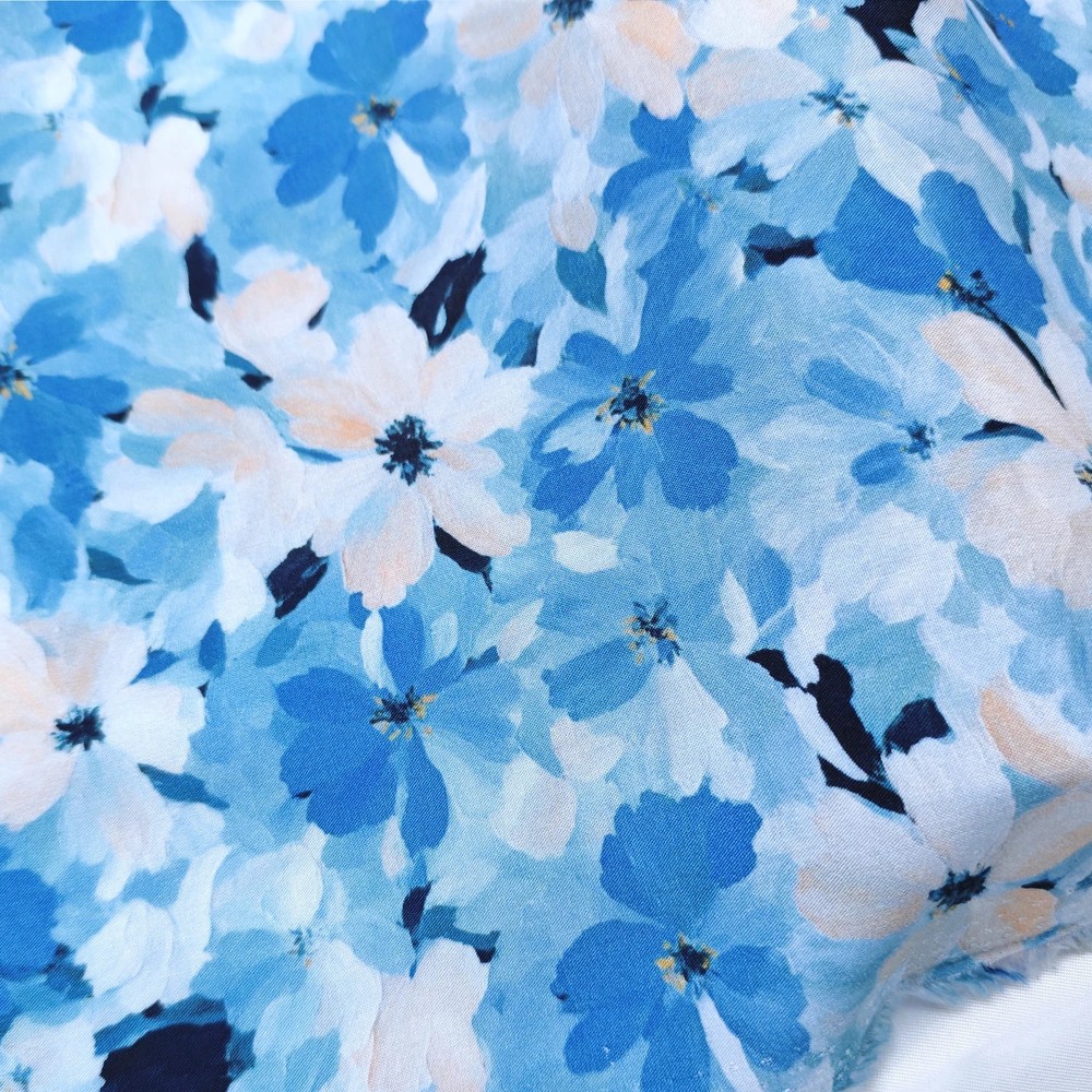 55” Wide By Yard Blue Floral Viscose Fabric Dress Gown Robes Material Rayon