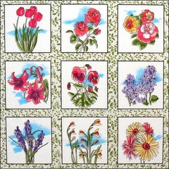 (30 BLOCKS) FABRI-QUILT VICTORIAN MIXED FLOWER SQUARES FABRIC PANEL 12″ X 44″
