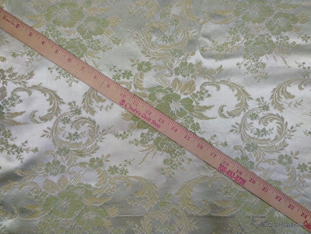 Vtg Brocade Damask Fabric Jacquard 1 Yd 30″ x 58″ Sage Green Silver Floral MCM