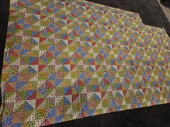 57 X 45 VTG 1970`s Faux Feed Sack Prints Pinwheel Squares Cheater Quilt